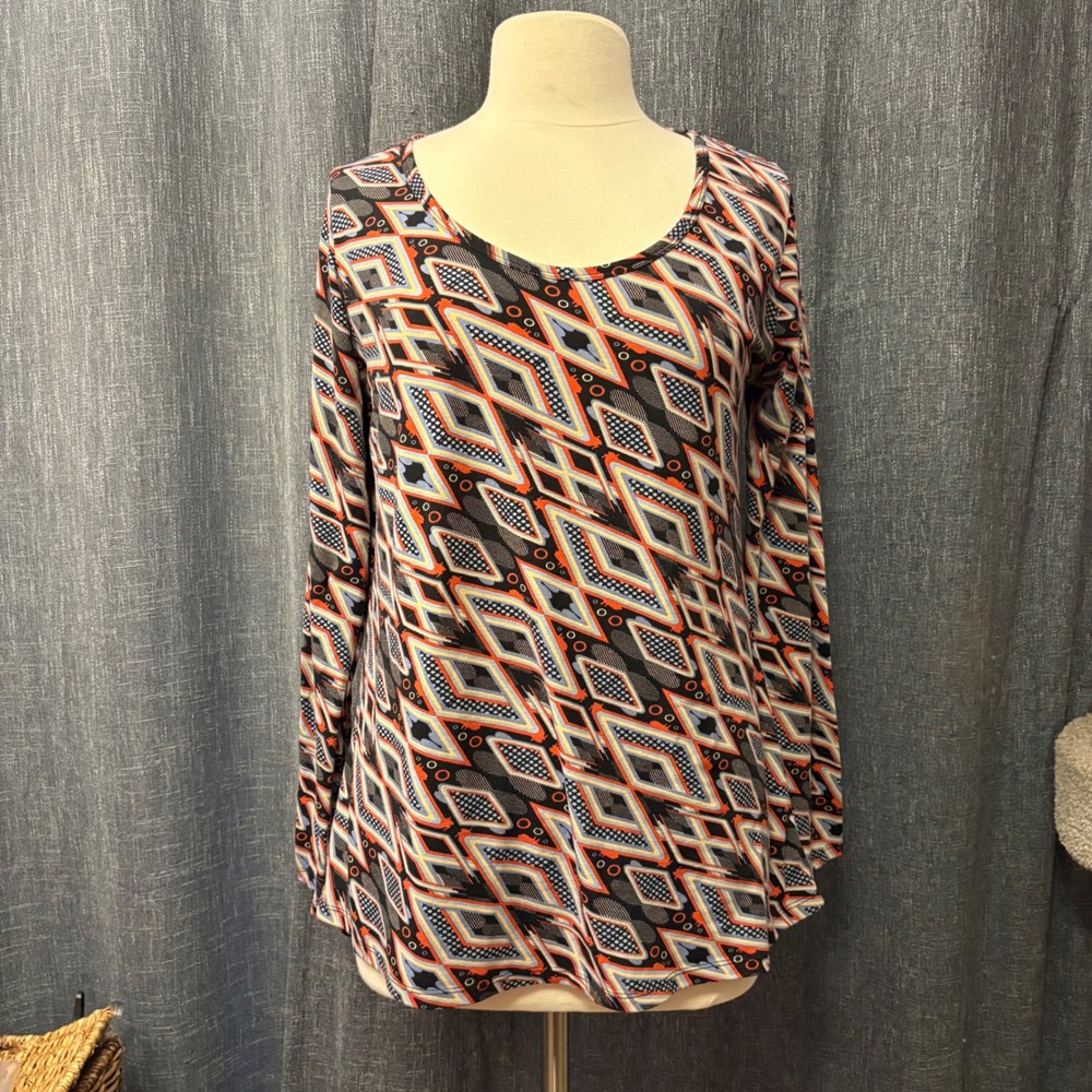 LuLaRoe Geometric Diamond Long Sleeve Scoop Neck Top Orange Blue Black (Women S)